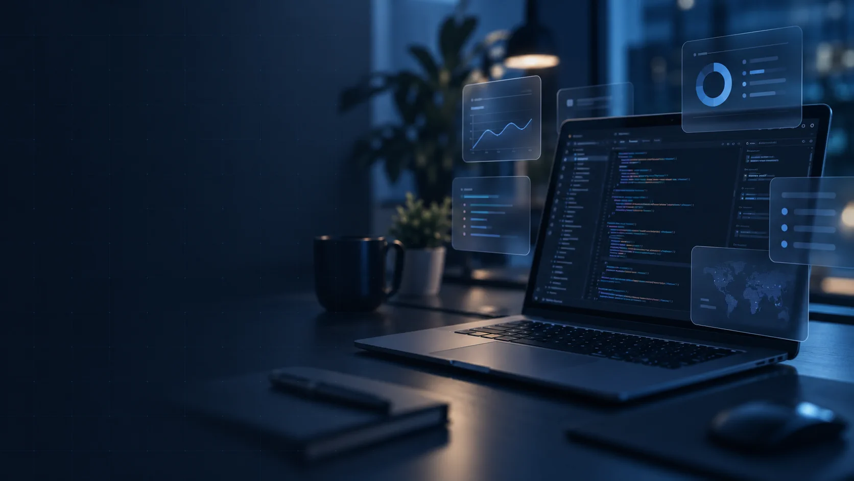Ambiente tecnológico com computador portátil e painéis digitais