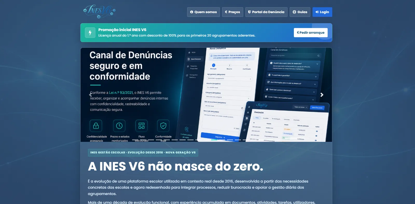 Interface da plataforma INES V6 com ferramentas de gestão escolar