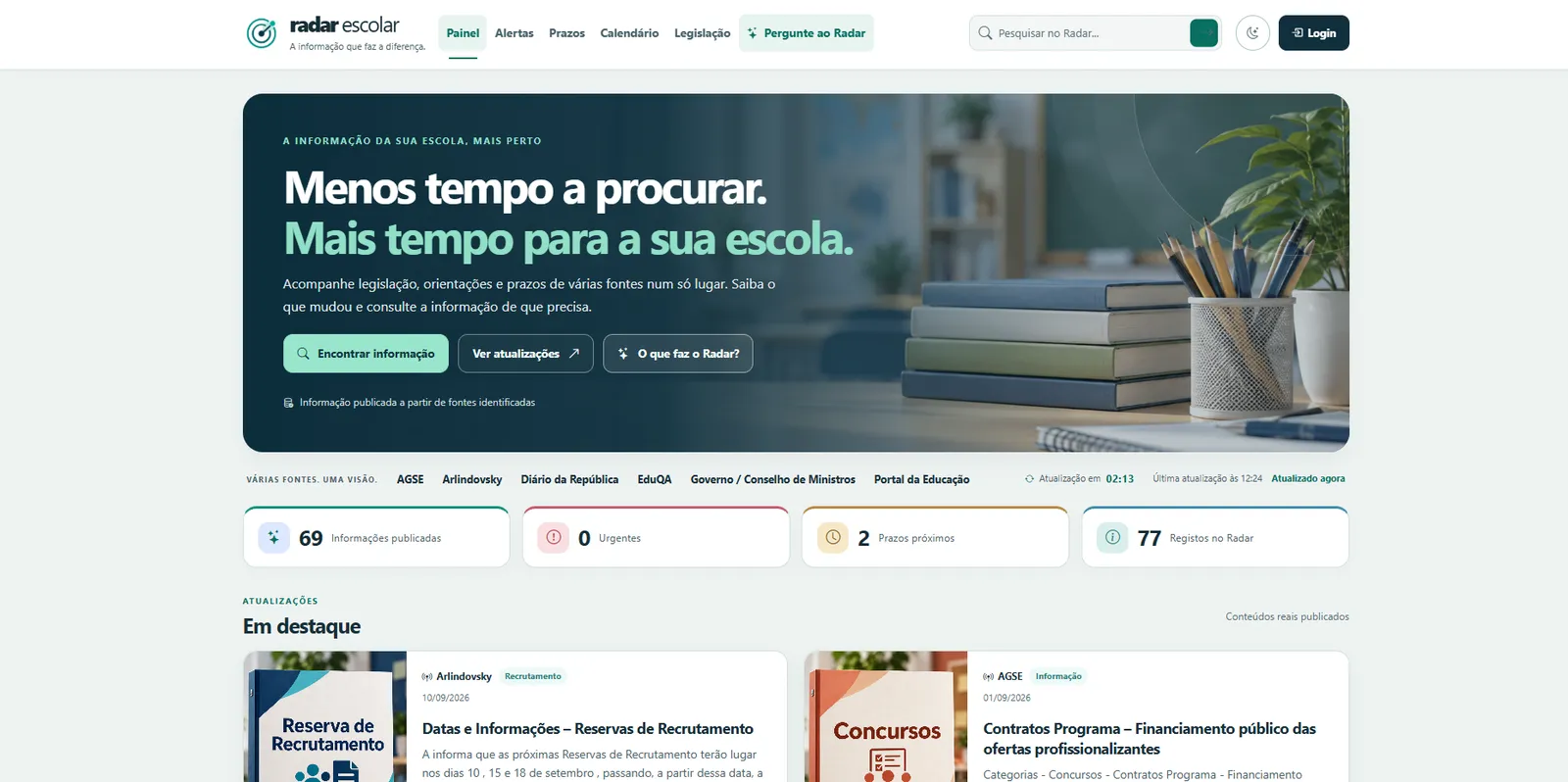 Painel do Radar Escolar com informação educativa e perguntas e respostas